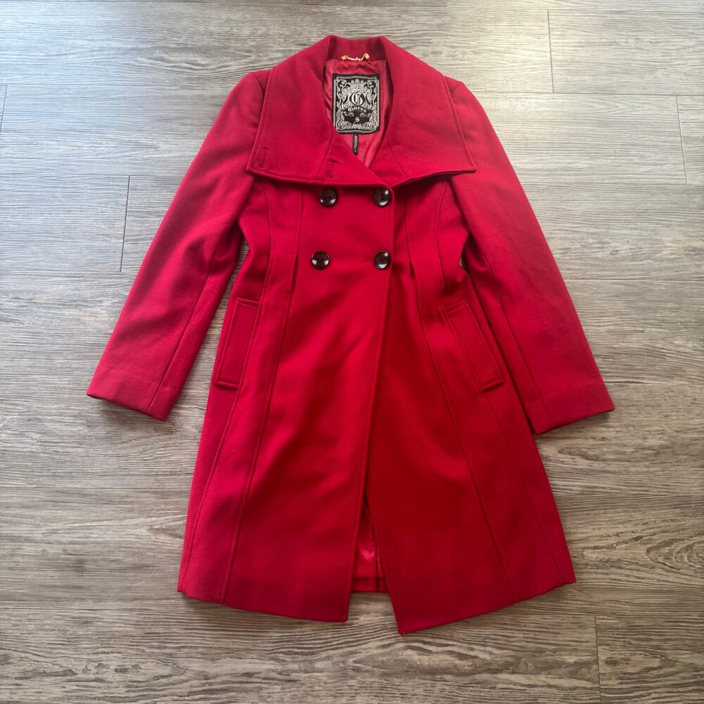 Vintage Guess Red Dbl Breasted Pea Coat Lined Convertible Collar Wool S